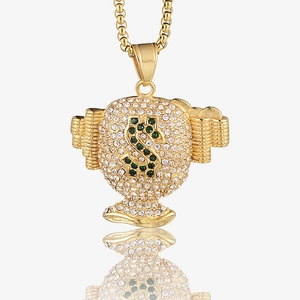 Collier Hip Hop Acier Inoxydable Strass Sac d'Argent Signe Dollar Pendentif Or Argent Unisexe Bijoux Streetwear