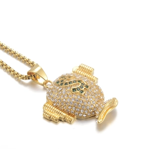 Collier pendentif sac d'argent doré style hip hop avec strass brillants et dollar