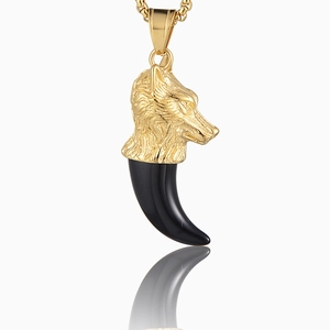 Collier Pendentif Dent de Tête de Loup en Acier Inoxydable Hip Hop Résine Totem Animal Style Punk Bijoux Unisexe