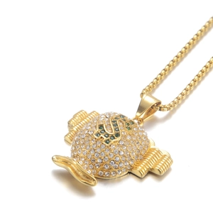 Collier pendentif sac d'argent hip hop doré avec strass blancs et verts signe dollar