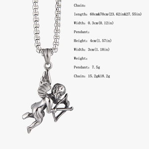 Detailed size chart for Cupid pendant necklace showing dimensions and weight metrics