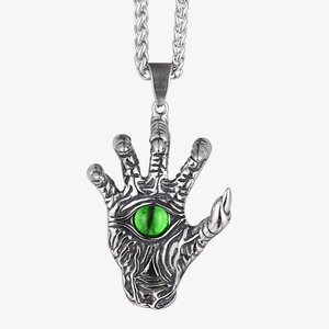 Gothic skull hand pendant necklace with green evil eye stone on silver wheat chain