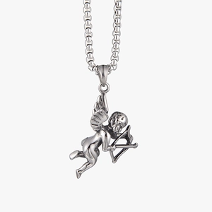 Unisex silver Cupid angel pendant necklace with a vintage stainless steel cross chain