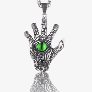 Gothic Stainless Steel Skull Hand Demon Eye Pendant Necklace Punk Antique Silver Green Evil Eye Claw Necklace For Men Women