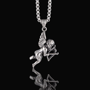 Silver Cupid angel pendant necklace in retro stainless steel on a black mirror background
