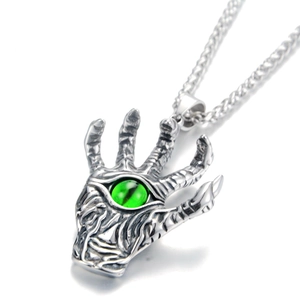 Gothic skull claw pendant necklace with green eye stone on silver stainless steel chain