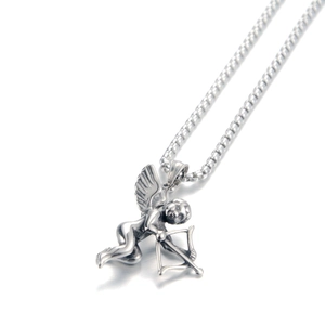 Hip hop style silver Cupid pendant necklace with vintage angel design on pearl chain link