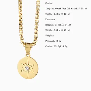 Detailed size chart showing dimensions and weight for the gold starburst pendant necklace