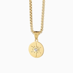 Hip hop gold titanium steel necklace with starburst engraved sun coin pendant