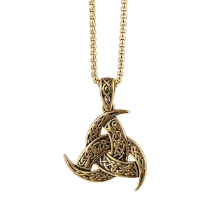 Collar colgante Triple Cuerno de Odín vikingo dorado con patrones de nudos celticos