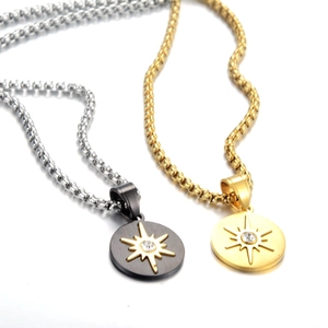 Titanium steel sun star pendant necklace in black and gold finish for men and women