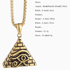 Detail view of Eye of Horus pyramid pendant with product dimensions and chain specs