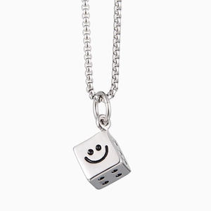 Collier hip hop en acier inoxydable argenté avec pendentif dé sourire pour couples