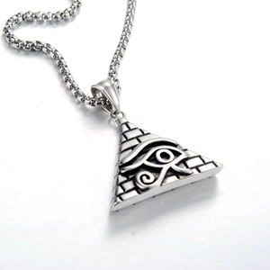 Polished stainless steel necklace featuring a pyramid pendant with the Eye of Horus symbol
