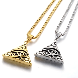 Detailed view of Eye of Horus pyramid pendants in gold and silver stainless steel
