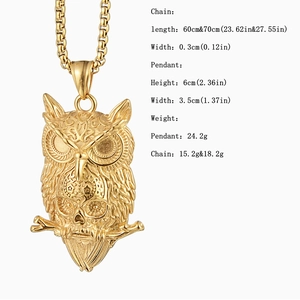 Detaillierte Größentabelle für retro goldene Eule-Totenkopf-Halskette mit Box-Kette