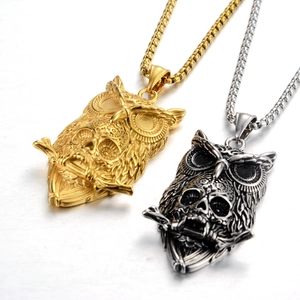 Retro-Punk-Eule- und Totenkopf-Halskette in Gold und Silber aus Edelstahl mit Box-Kette