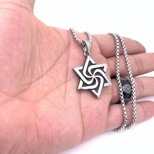 Vintage silver titanium steel hexagram pendant necklace with a sturdy box chain