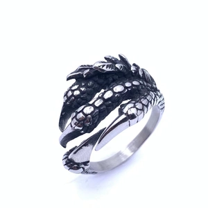 Detailed close-up of retro dragon claw ring featuring intricate scales and silver finish