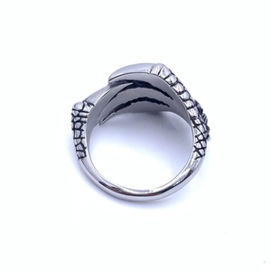 Detailed macro shot of vintage dragon claw relief texture on stainless steel ring