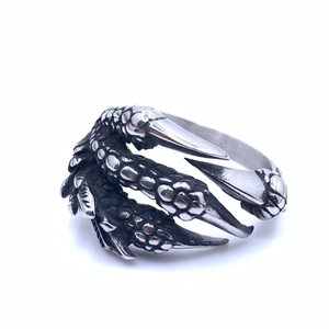 Macro shot of gothic dragon claw ring detailing intricate scales and vintage finish