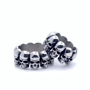Detail of silver gothic skull ring showing polished stainless steel band with punk design