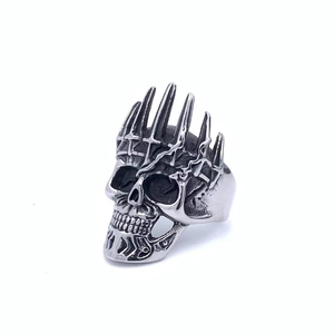 Gothic punk skull ring for men with crown spikes in vintage stainless steel finish