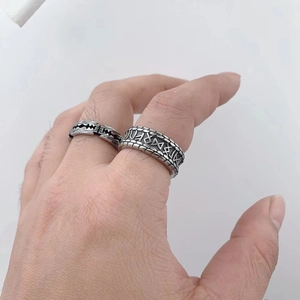 Vintage Viking rune and blade style stainless steel rings for men in retro silver finish