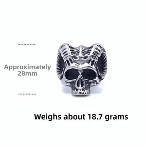 Detailed view of skull goat horn ring with measurements 28mm height and 18.7g weight
