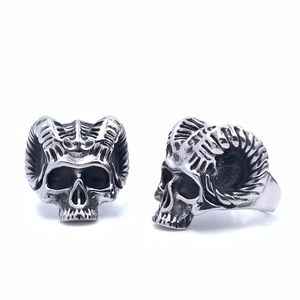 Vintage Stainless Steel Satan Goat Horn Skull Ring For Men Gothic Punk Biker Jewelry Polished Blackened Finger Ring