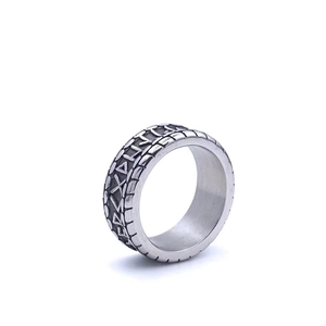 Vintage Viking runes ring in titanium steel with Nordic inscriptions and silver finish