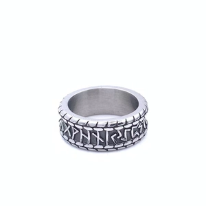 Vintage stainless steel Viking ring with Nordic runes and textured chain edges