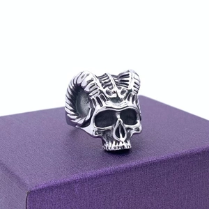 Vintage gothic satanic ram skull ring in distressed titanium steel for men