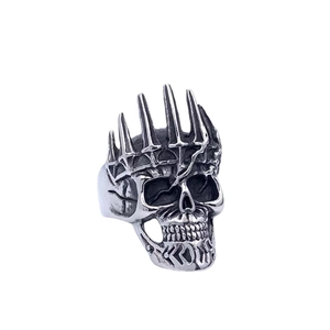 Vintage punk skull ring for men featuring a spiky crown in an antique silver finish