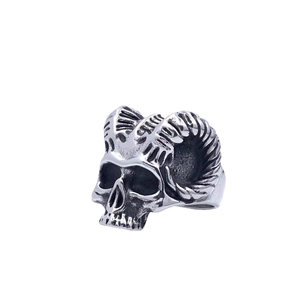 Vintage gothic satanic ram skull ring in blackened stainless steel for men