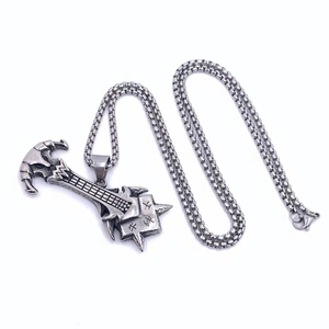 Vintage titanium steel rock guitar pendant necklace for men with punk round bead chain
