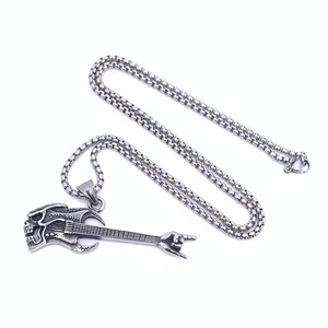 Retro titanium steel skeleton guitar pendant necklace with box chain for men's punk style