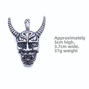 Detail of Hannya mask pendant showing 5cm height and vintage silver finish texture