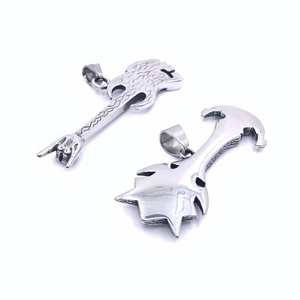 Vintage punk stainless steel guitar and rock hand pendants with aged metallic texture