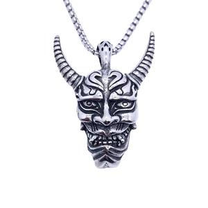 Stainless Steel Hannya Mask Pendant Necklace Retro Gothic Punk Hip Hop Distressed Demon Ghost Face Pendant Men Fashion Jewelry