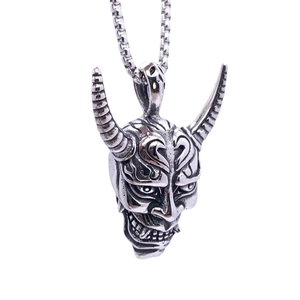 Men's titanium steel Hannya mask pendant necklace with intricate carvings and box chain