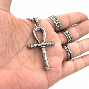 Vintage Egyptian Ankh cross pendant necklace with Horus eye and textured men's rings