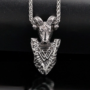 Vintage stainless steel Viking ram head pendant with geometric Valknut symbols and chain