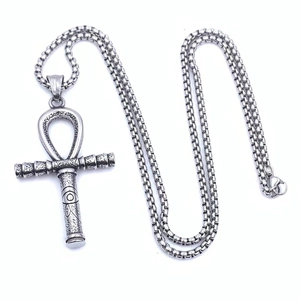 Vintage silver Ankh cross pendant with All-Seeing Eye engraving on stainless steel chain