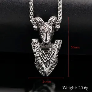 Viking ram head pendant in stainless steel with Valknut symbol and size measurements
