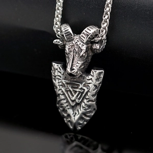 Viking ram head arrow pendant necklace in vintage silver steel with Valknut rune symbol