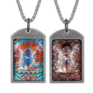 Collar de Colgante de Mahakala Thangka de Acero Inoxidable Vintage para Hombre Mujer Buda Religioso Étnico Plata Antigua