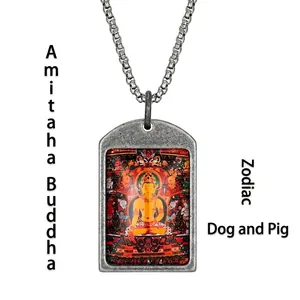 Μακροεντολή του vintage thangka Amitabha Buddha μενταγιόν σε ατσάλινη αλυσίδα