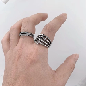 Retro punk gothic skeleton hand and razor blade rings in silver-tone stainless steel