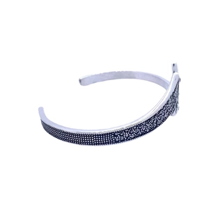Vintage style stainless steel open bangle for men with black textured finish and silver shine